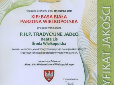 1 nagroda biała kiełbasa 2011 certyfikat